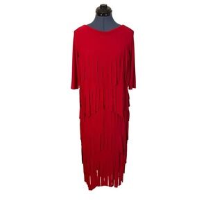 IC Connie K Set Red Tiered Fringe 3/4 Sleeve Top Midi Skirt Flapper Holiday S